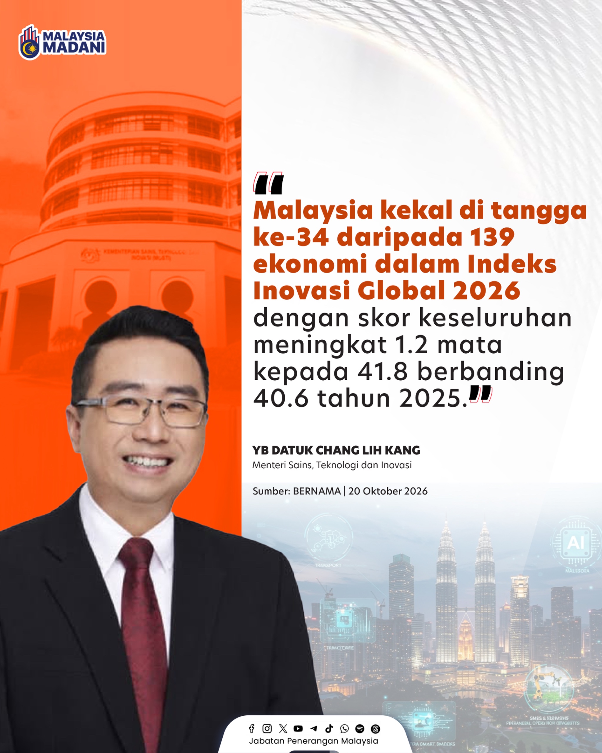 KEKAL DI TANGGA KE-34 DALAM INDEKS INOVASI GLOBAL